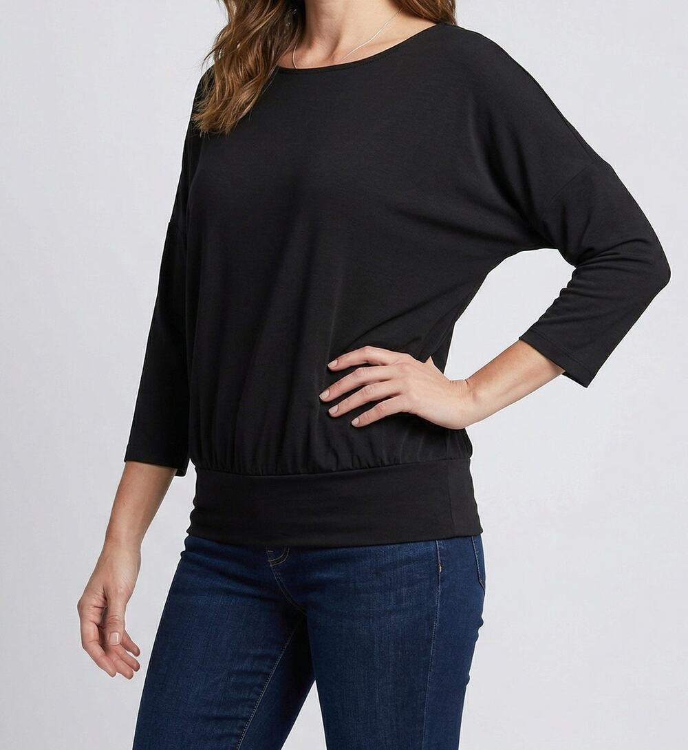 Chico's Womens Sz 1 Medium Black 3/4 Sleeve Scoop Neck Top Polyester Spandex